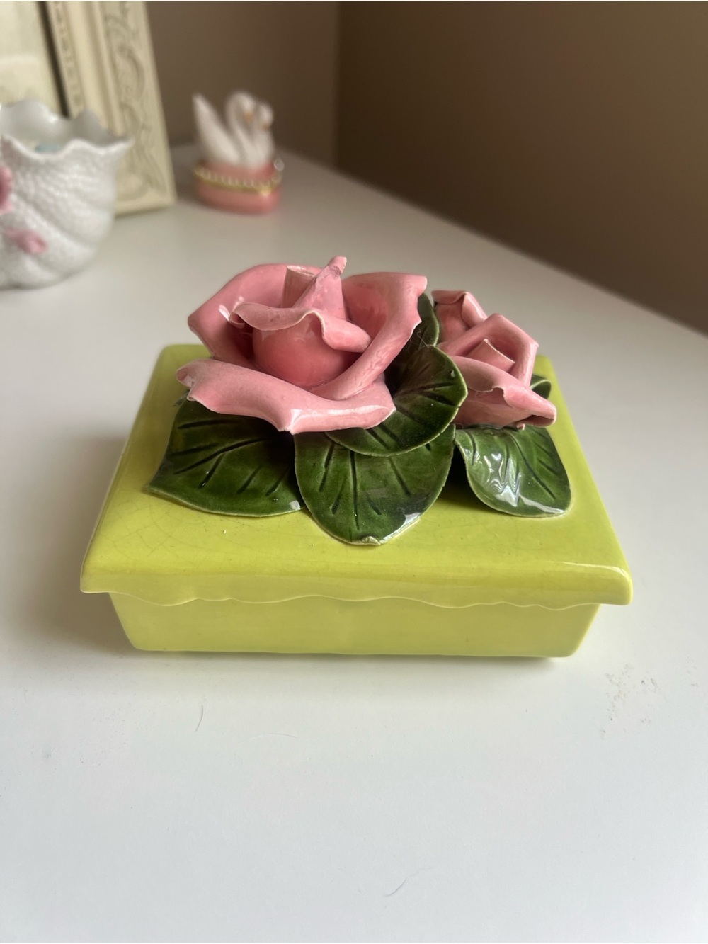 Vintage Handpainted Ceramic Rose Trinket Box on Green Base